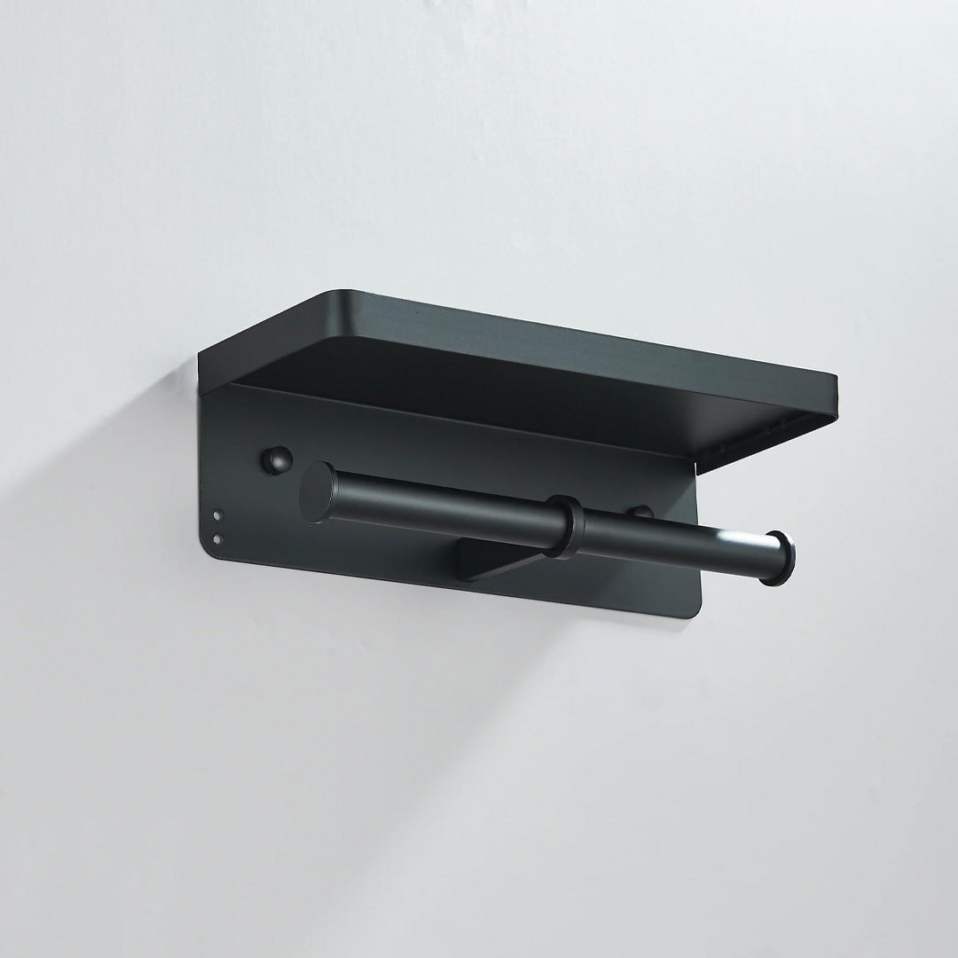 Suport dublu pentru hartie igienica cu raft, negru mat