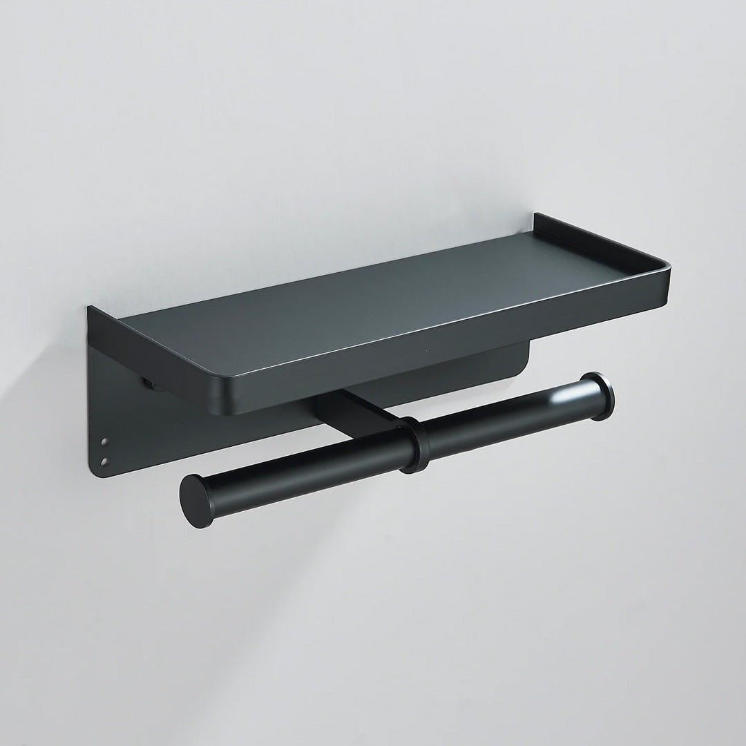 Suport dublu pentru hartie igienica cu raft, negru mat