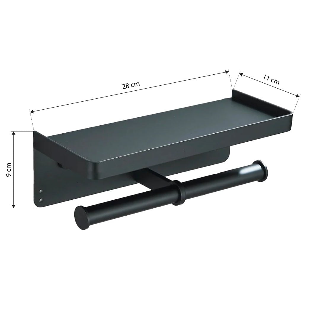 Suport dublu pentru hartie igienica cu raft, negru mat