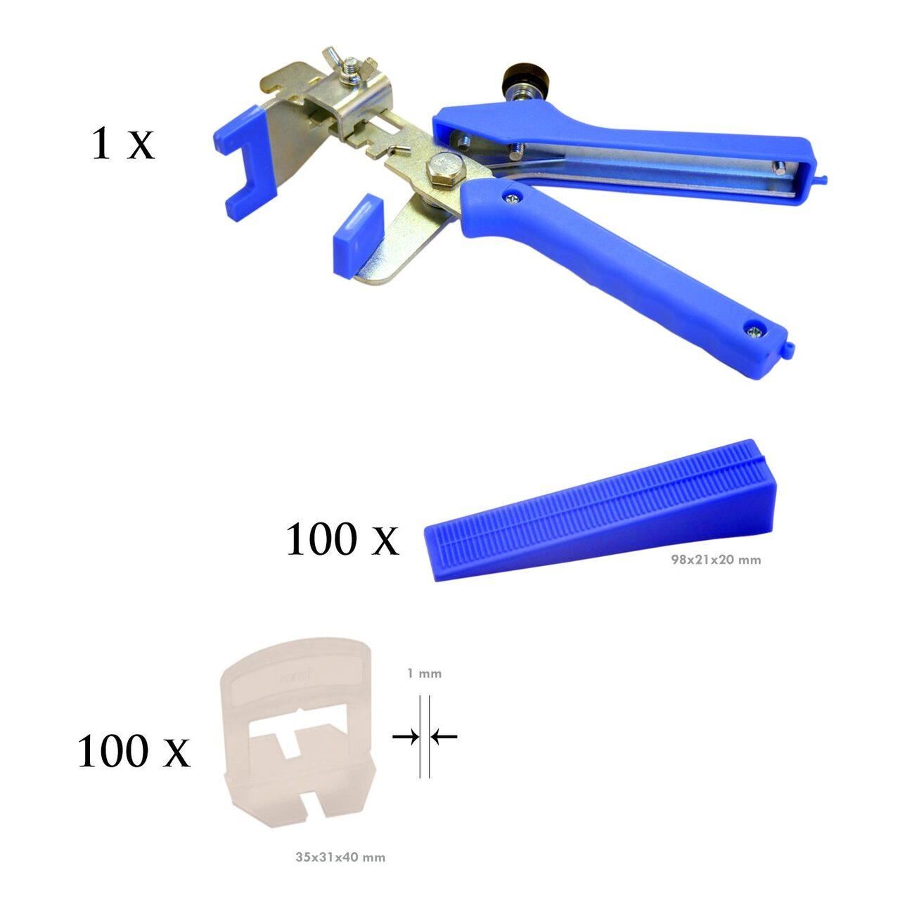 Set de nivelare si aliniere a placilor ceramice, cleste, 100 distantiere x 1 mm, 100 pene