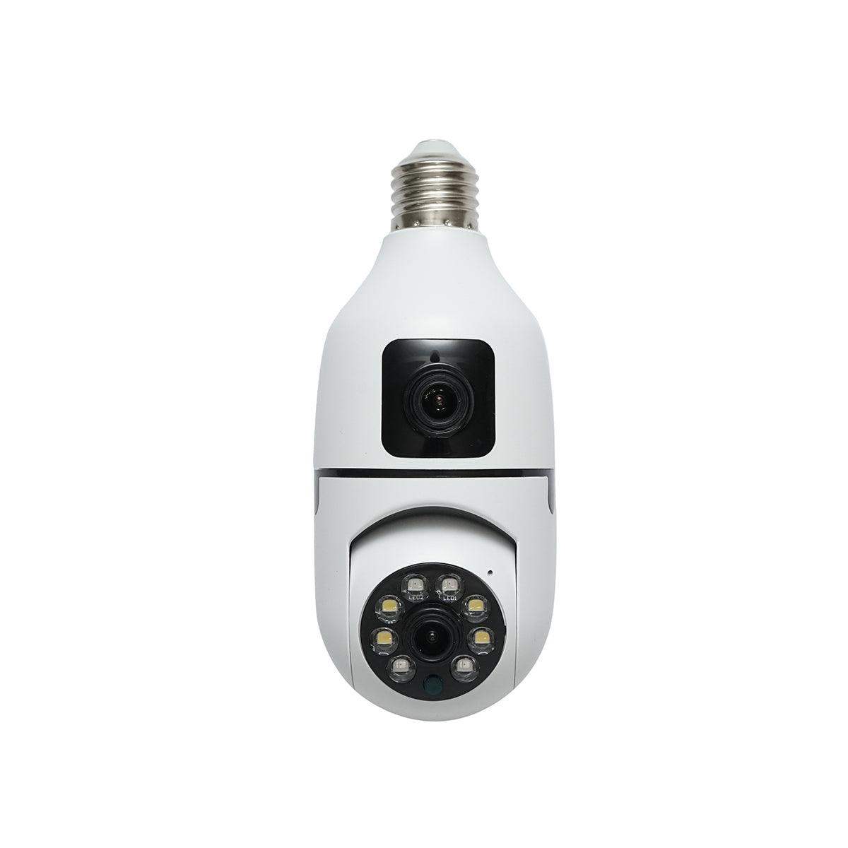 Camera de supraveghere 2 obiective smart-bulb PTZ, WIFI 2.4G 1080P FHD 2MP, tip bec E27 cu senzor de miscare, night vision si aplicatie V380 Pro