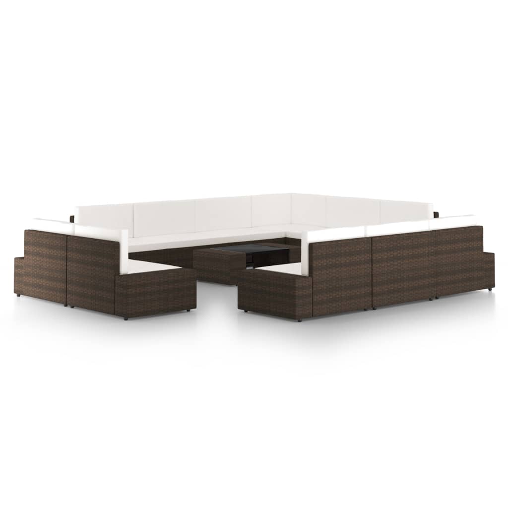 Set mobilier de gradina cu perne, 12 piese, maro, poliratan