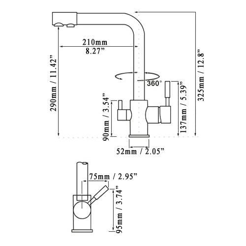 Baterie bucatarie cu 3 cai pentru filtru de purificare, argintiu nichelat (semi-lucios)