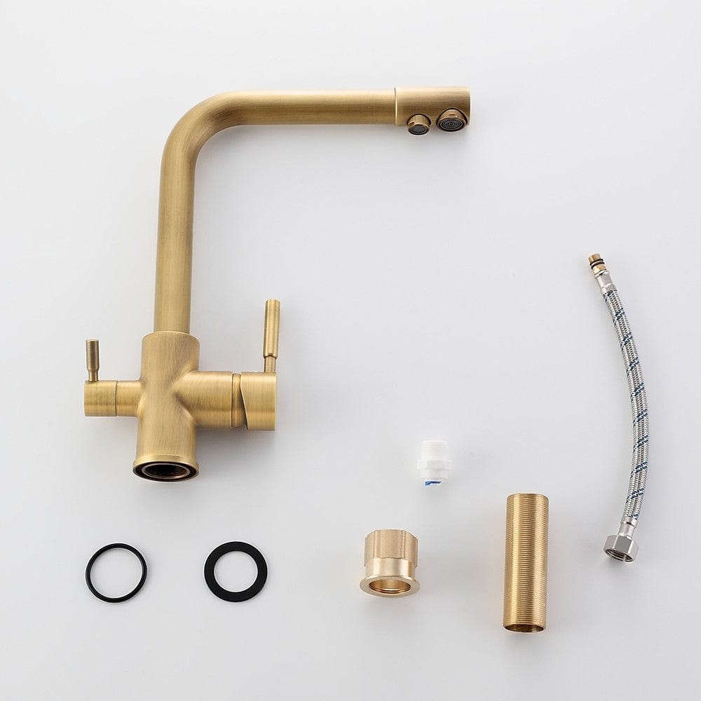 Baterie bucatarie cu 3 cai pentru filtru de purificare, auriu antichizat