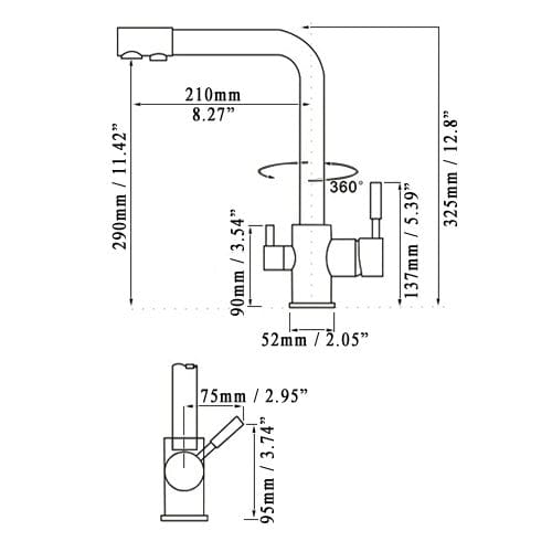 Baterie bucatarie cu 3 cai pentru filtru de purificare, auriu antichizat