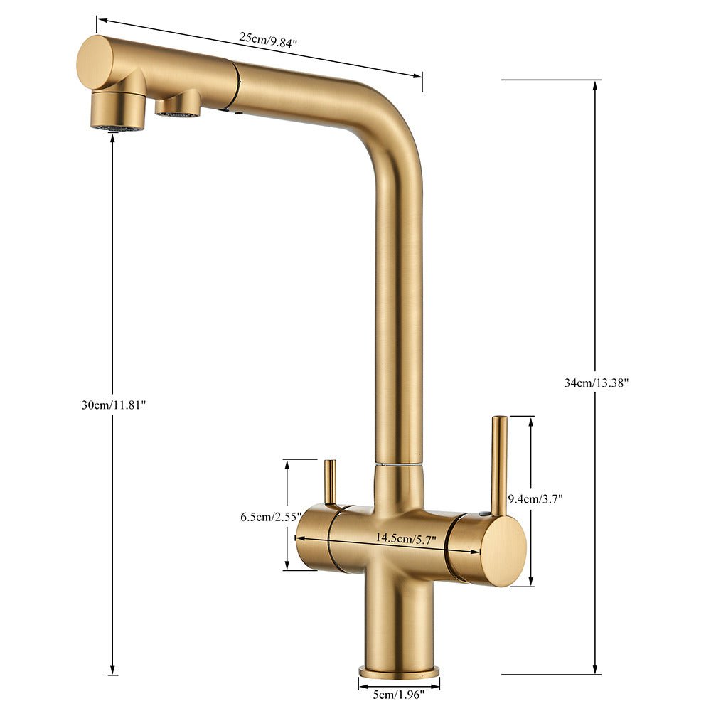 Baterie bucatarie cu 3 cai pentru filtru de purificare, auriu mat