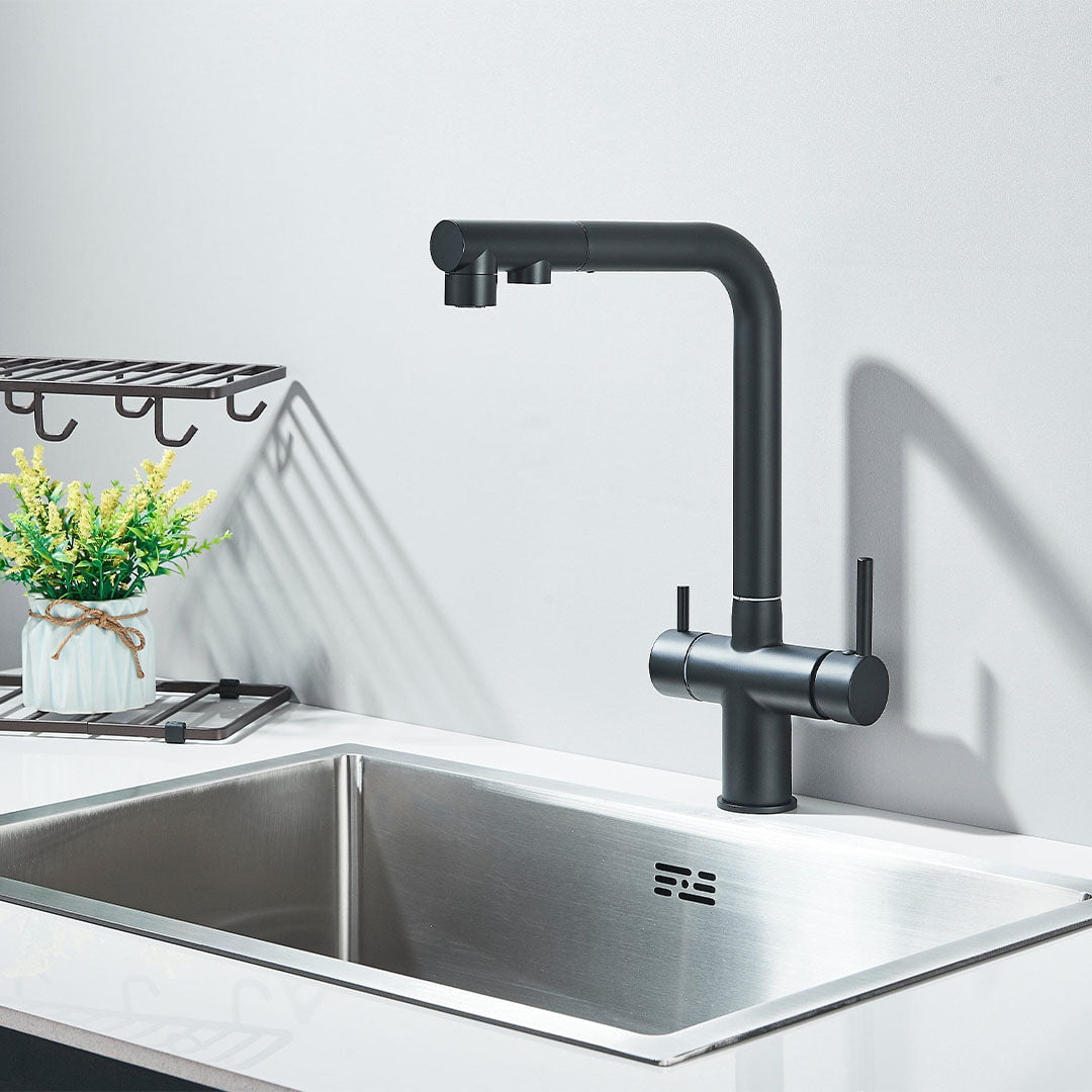 Baterie bucatarie cu 3 cai pentru filtru de purificare, negru mat
