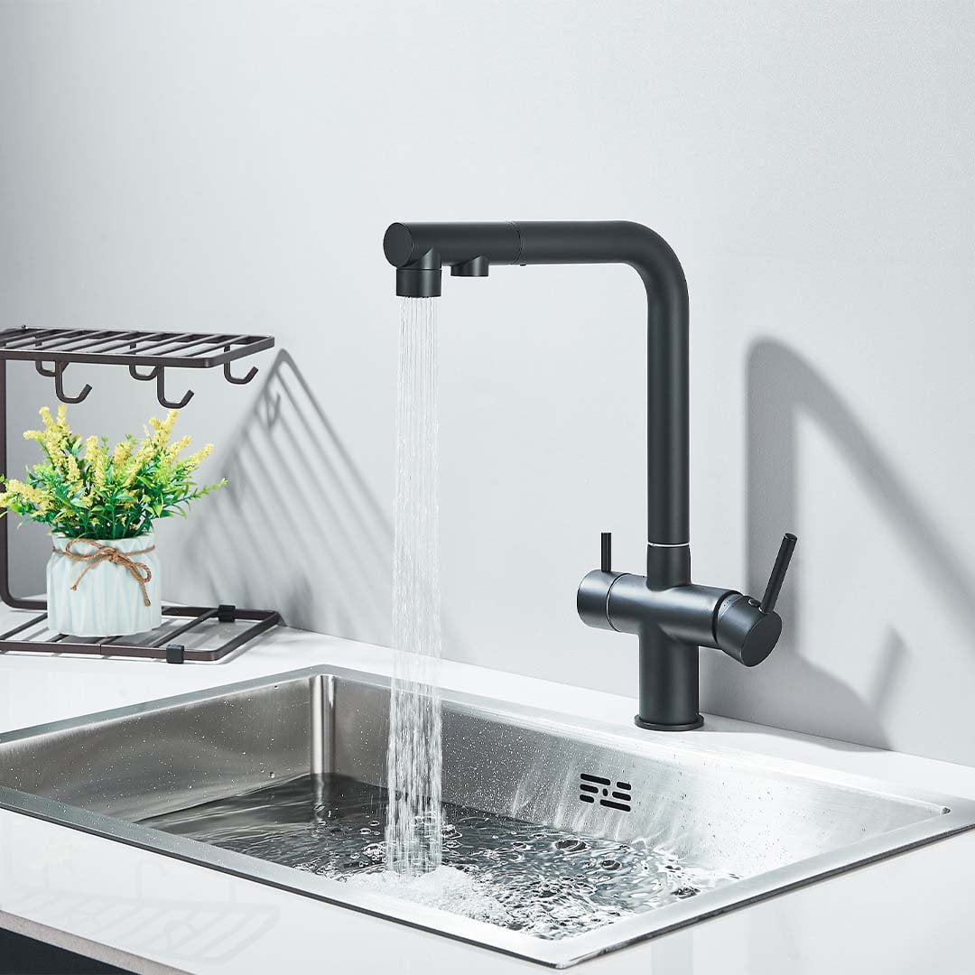 Baterie bucatarie cu 3 cai pentru filtru de purificare, negru mat