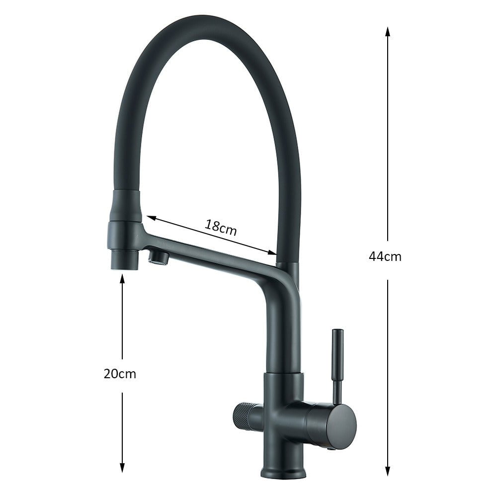 Baterie bucatarie cu 3 cai pentru filtru de purificare si 2 functii de curgere a apei, negru mat