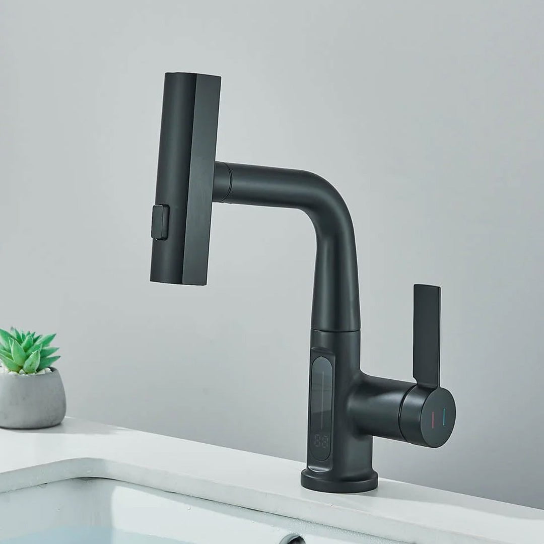 Baterie de bucătărie/baie cu duș extractibil, display LED și 3 moduri de curgere, negru