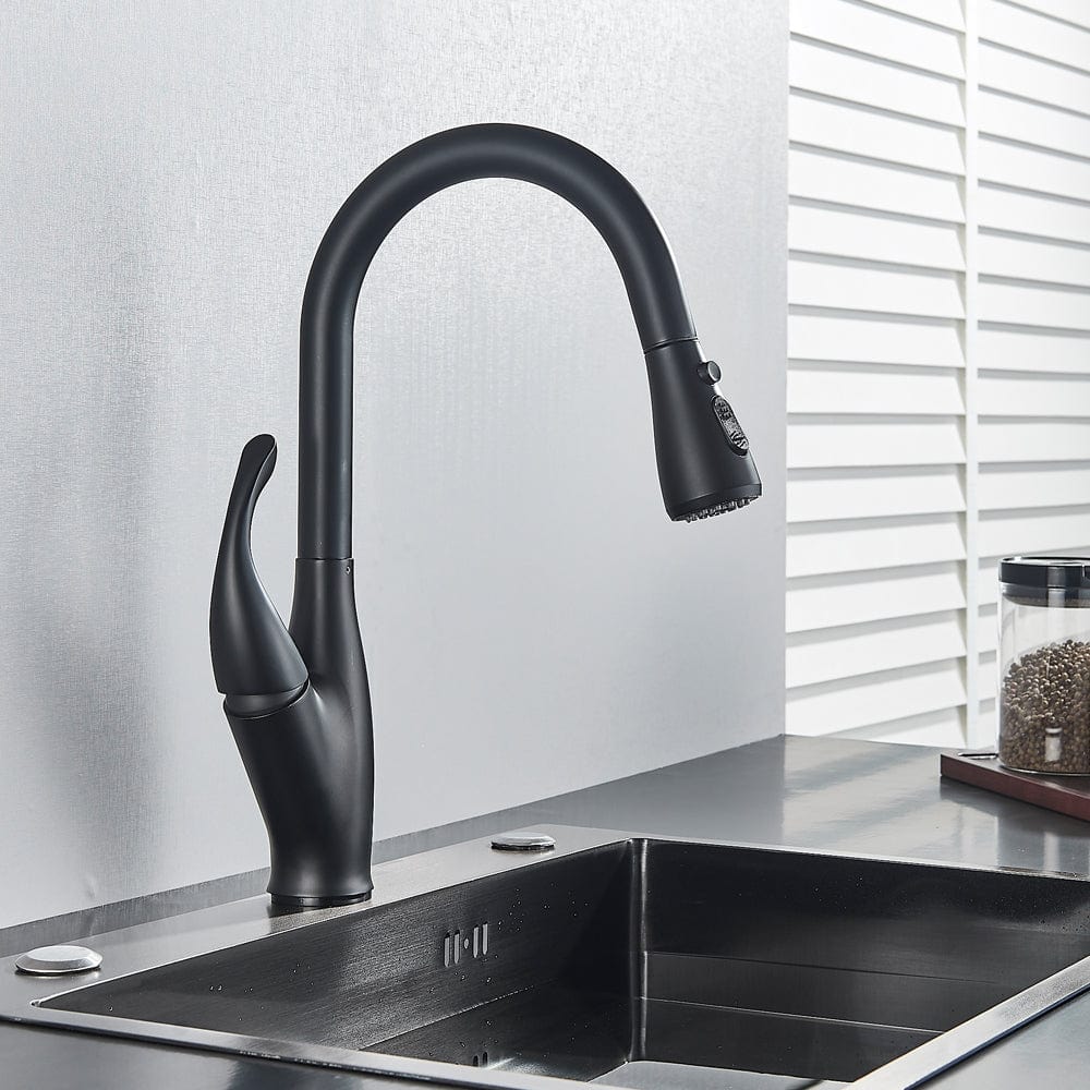 Baterie de bucatarie Kochen Matte, negru mat, cu 2 functii de curgere si dus extractibil