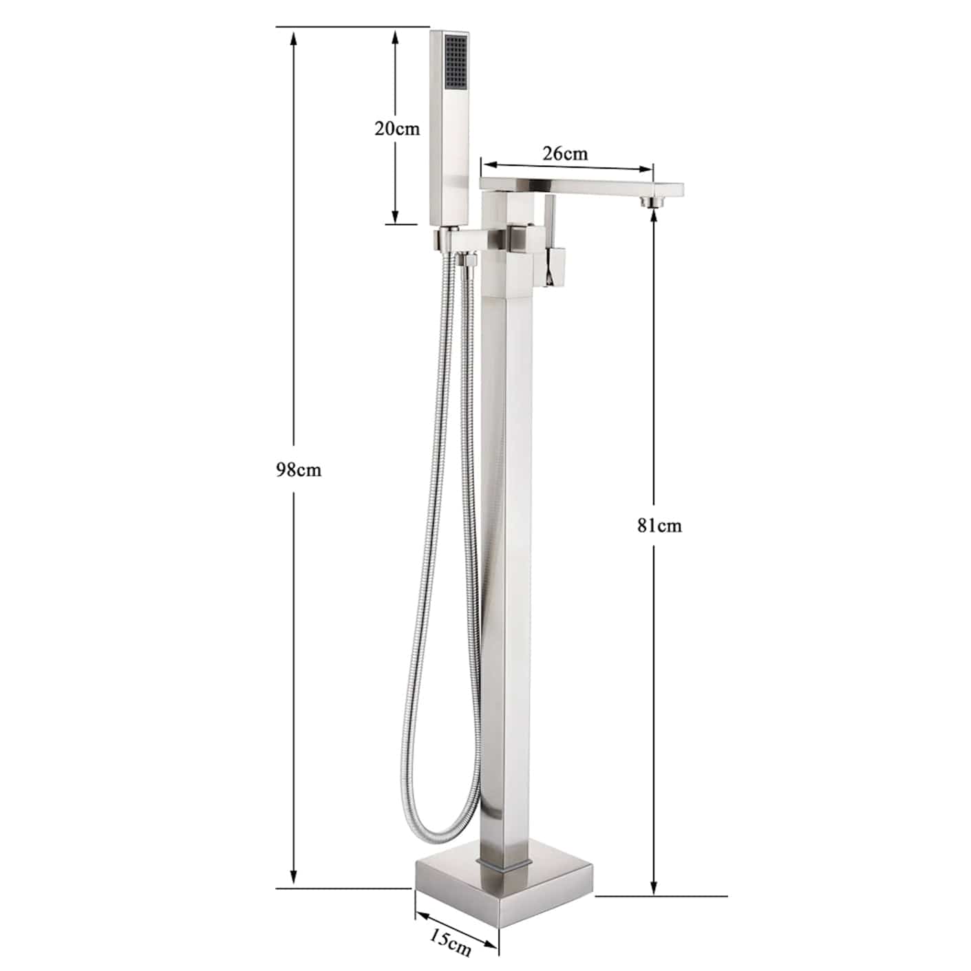 Baterie freestanding cu cadru patrat, argintiu cromat