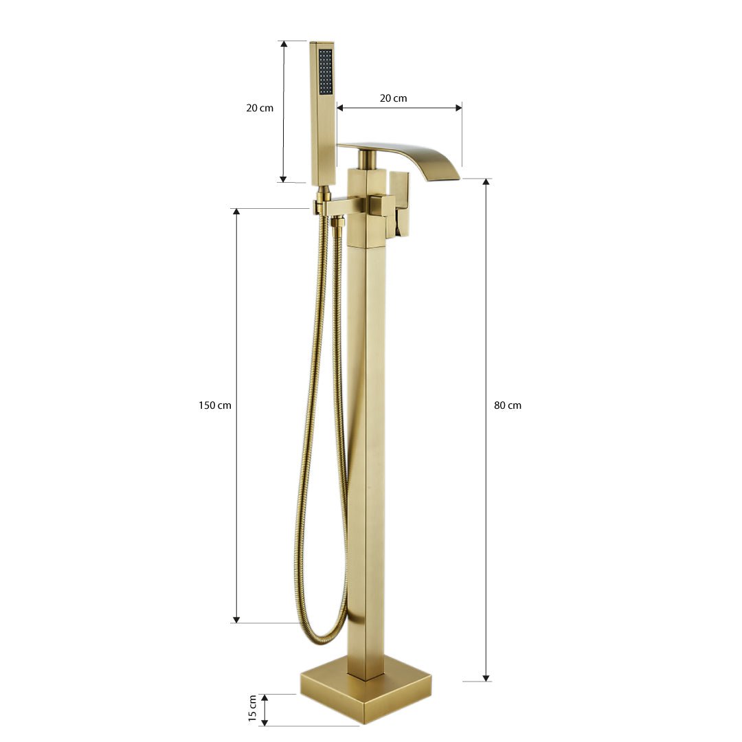 Baterie freestanding cu cadru patrat si efect de cascada, auriu periat