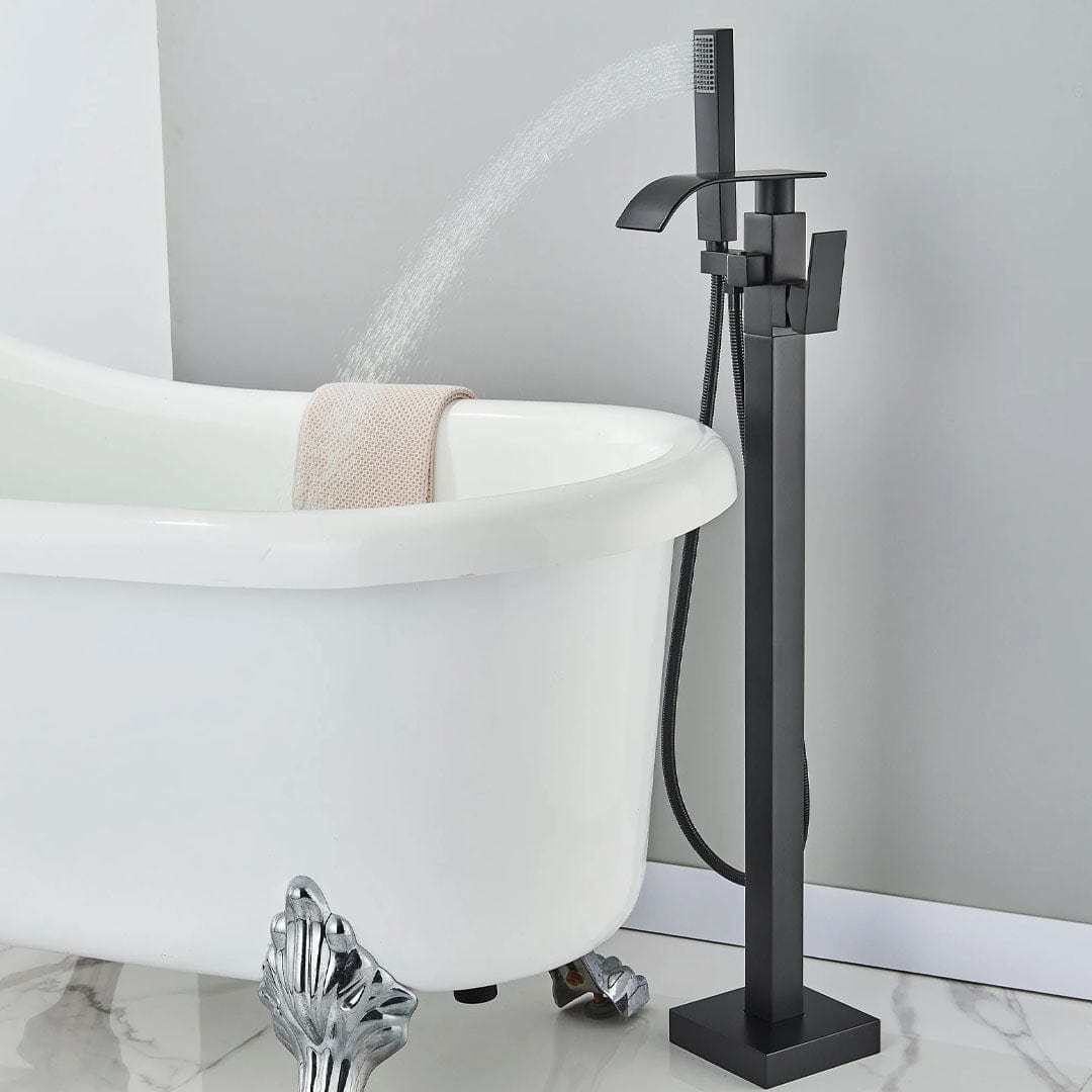 Baterie freestanding cu cadru patrat si efect de cascada, negru mat