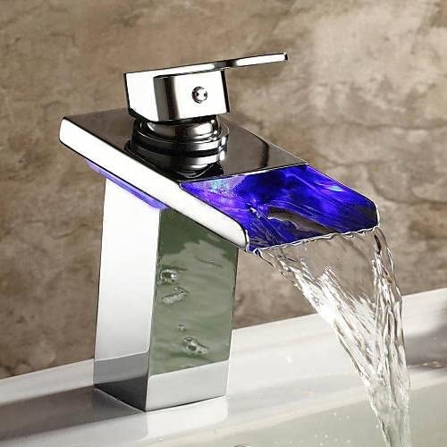 Baterie lavoar cu LED, tip cascada, argintiu cromat