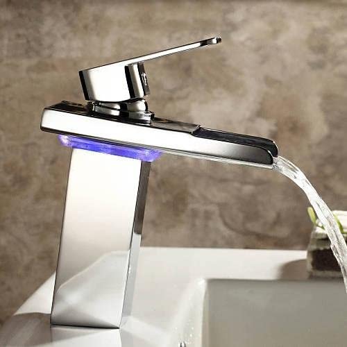 Baterie lavoar cu LED, tip cascada, argintiu cromat