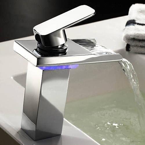 Baterie lavoar cu LED, tip cascada, argintiu cromat