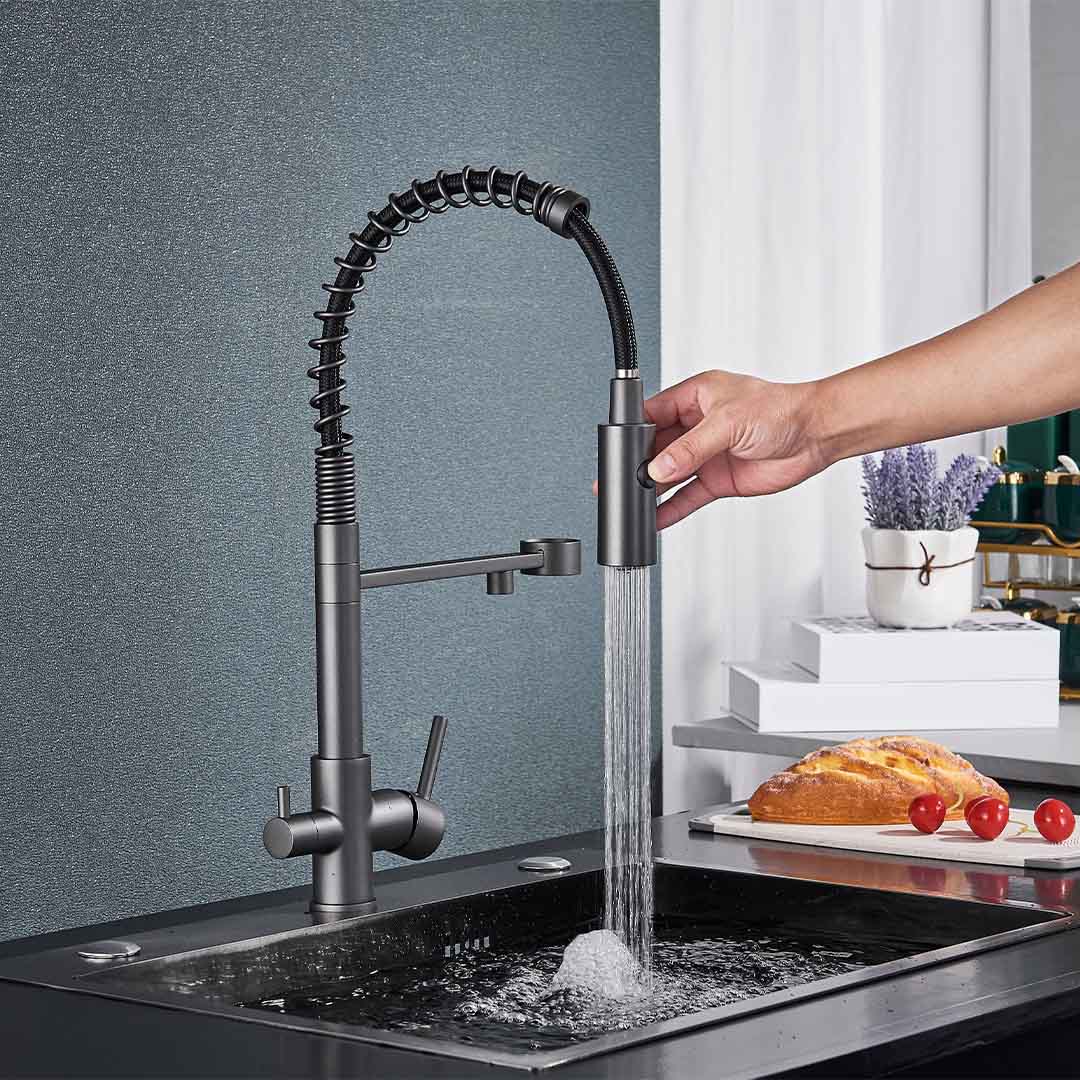 Baterie profesionala de bucatarie, cu dus flexibil, pipa pentru apa filtrata, gri mat