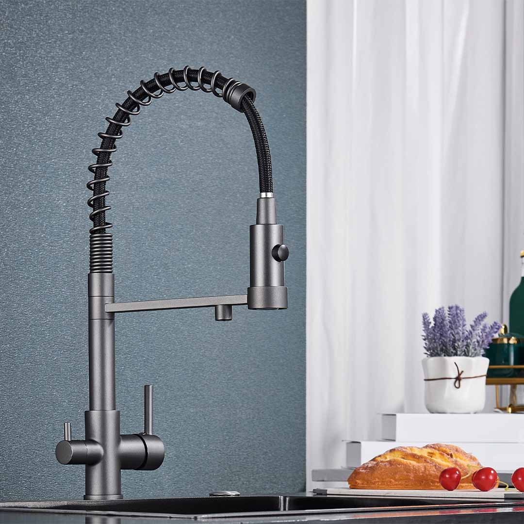 Baterie profesionala de bucatarie, cu dus flexibil, pipa pentru apa filtrata, gri mat