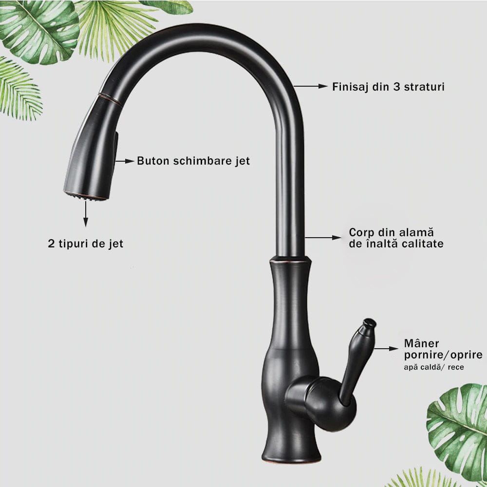 Baterie profesionala de bucatarie, negru cu bronz pe margine cu furtun extractibil si 2 functii de curgere