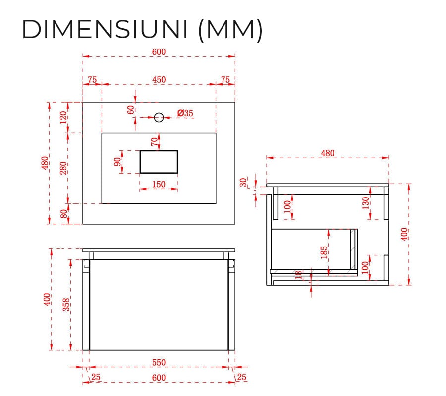 Set mobilier Baie cu lavoar si baterie Elysium, LED Anna, Alb Mat, 600x480x388 mm