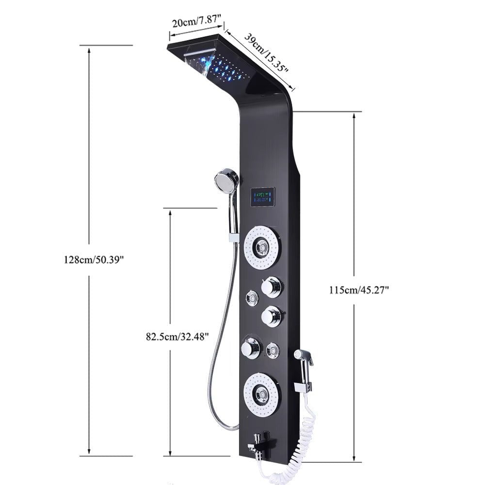 Panel de Dus cu LED, efect de ploaie si jeturi cu masaj, negru