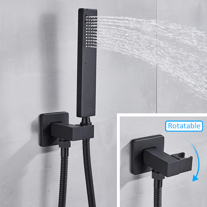 Set de dus cu para patrata de 40 cm, negru mat, cu 2 functii de curgere a apei