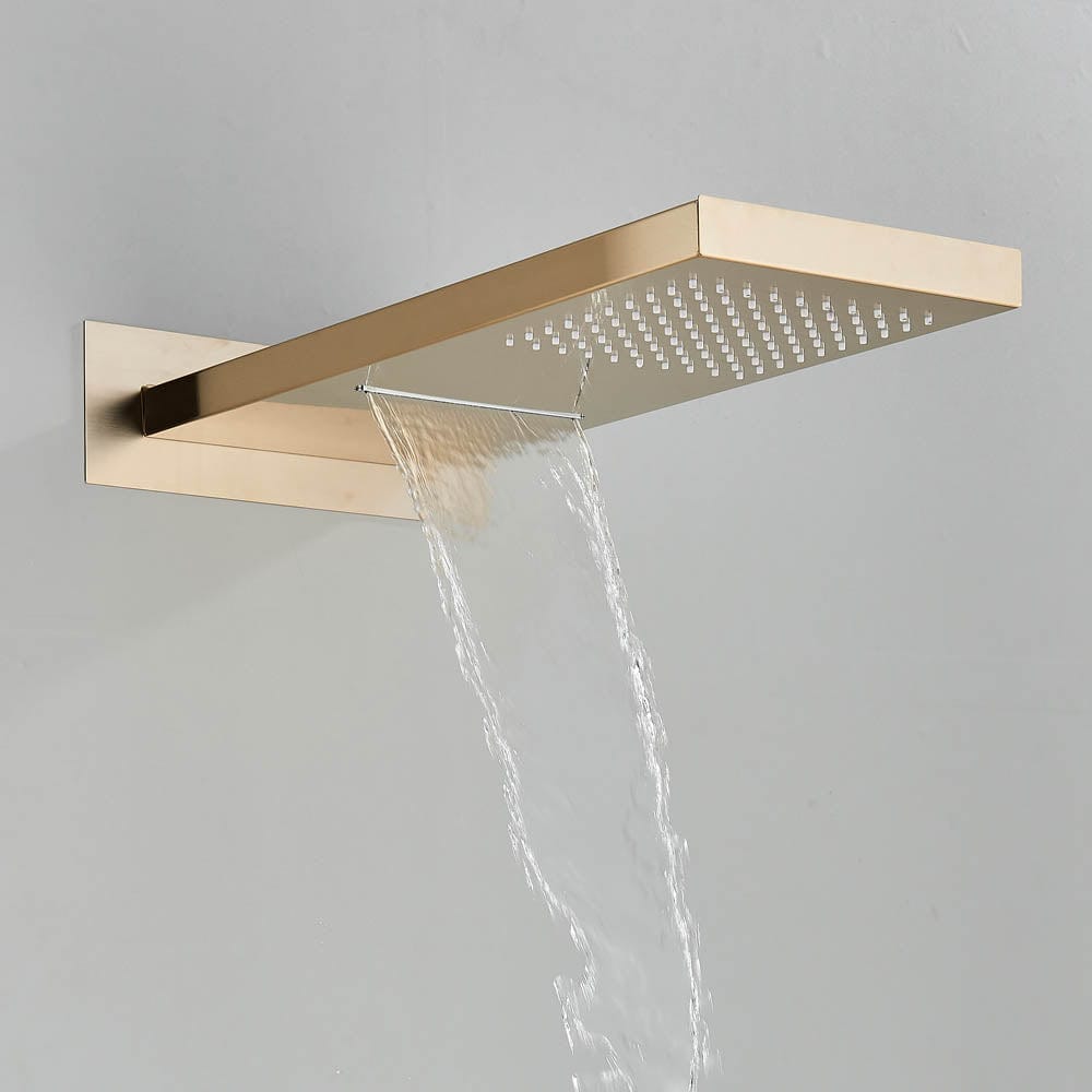 Set de dus cu para tip cascada, cu termostat, auriu mat,  3 functii de curgere a apei