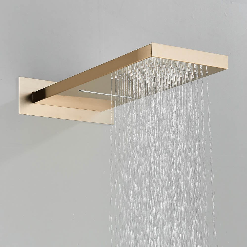 Set de dus cu para tip cascada, cu termostat, auriu mat,  3 functii de curgere a apei
