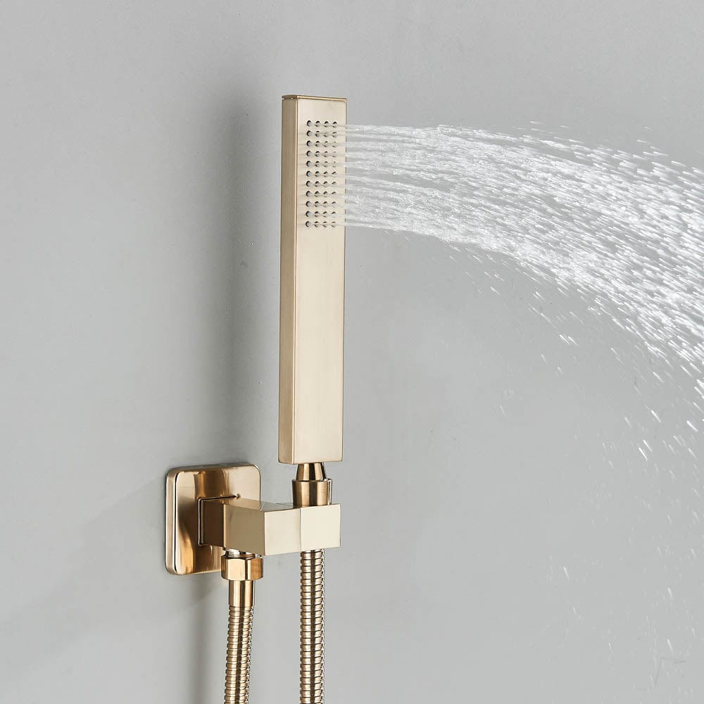 Set de dus cu para tip cascada, cu termostat, auriu mat,  3 functii de curgere a apei