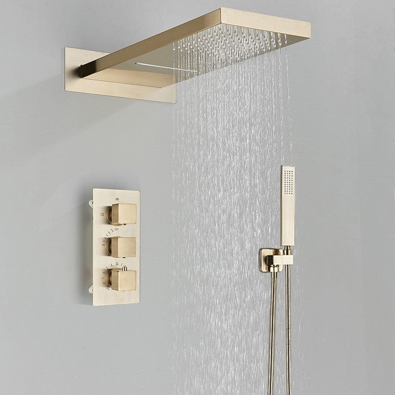Set de dus cu para tip cascada, cu termostat, auriu mat,  3 functii de curgere a apei