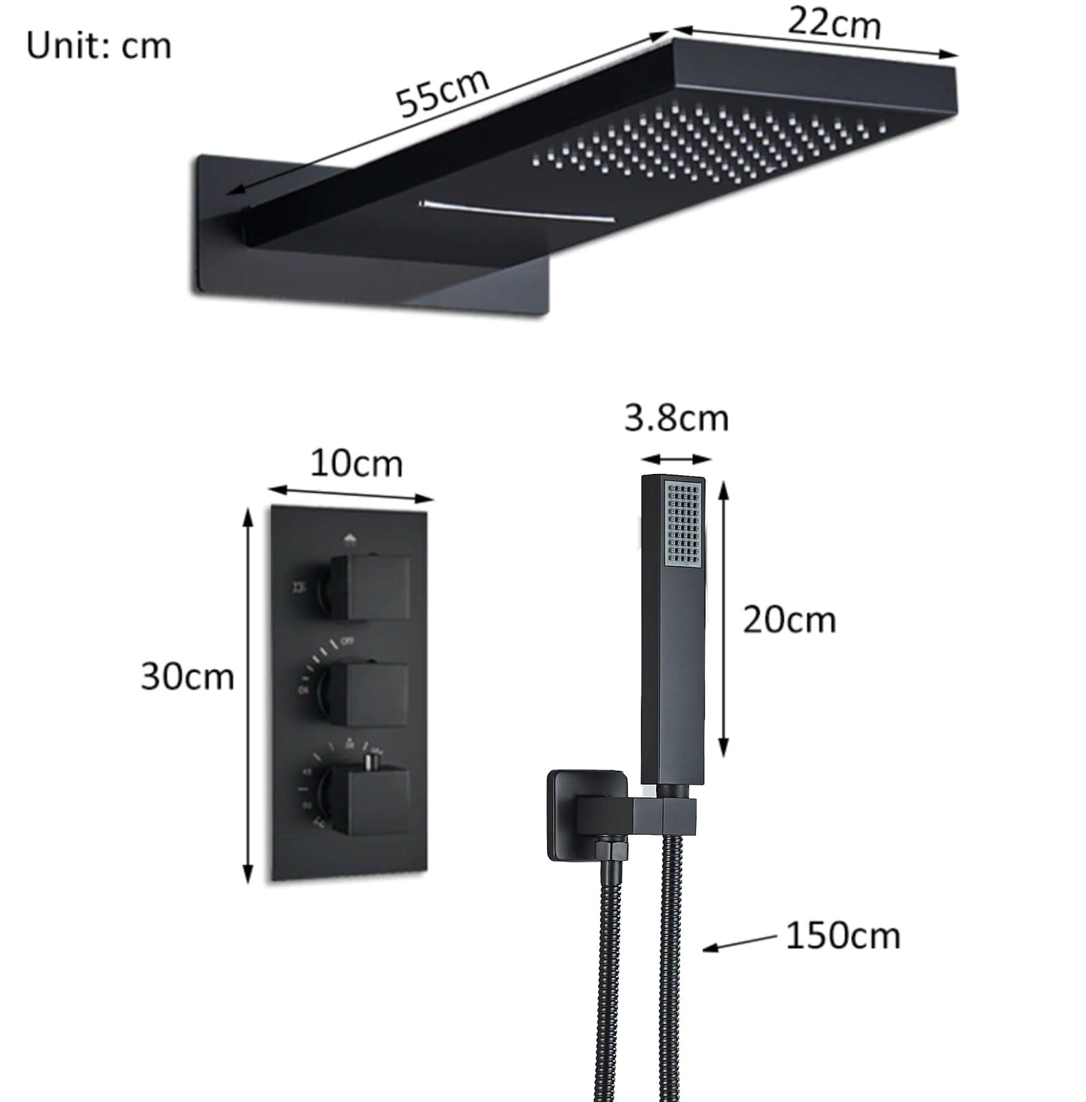 Set de dus cu para tip cascada, cu termostat, auriu mat,  3 functii de curgere a apei