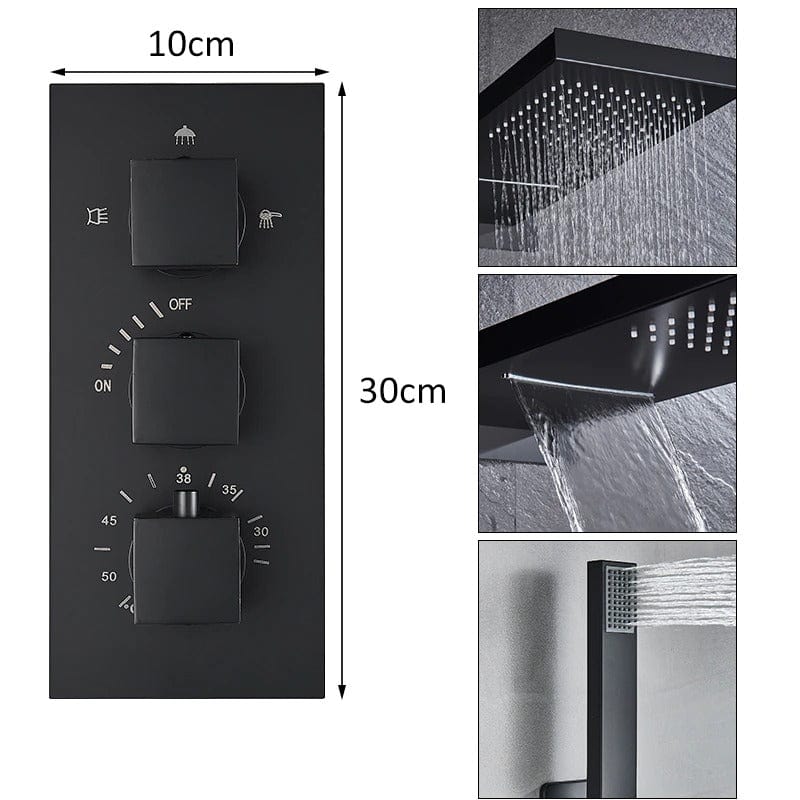 Set de dus cu para tip cascada cu termostat, negru mat, cu 3 functii de curgere a apei