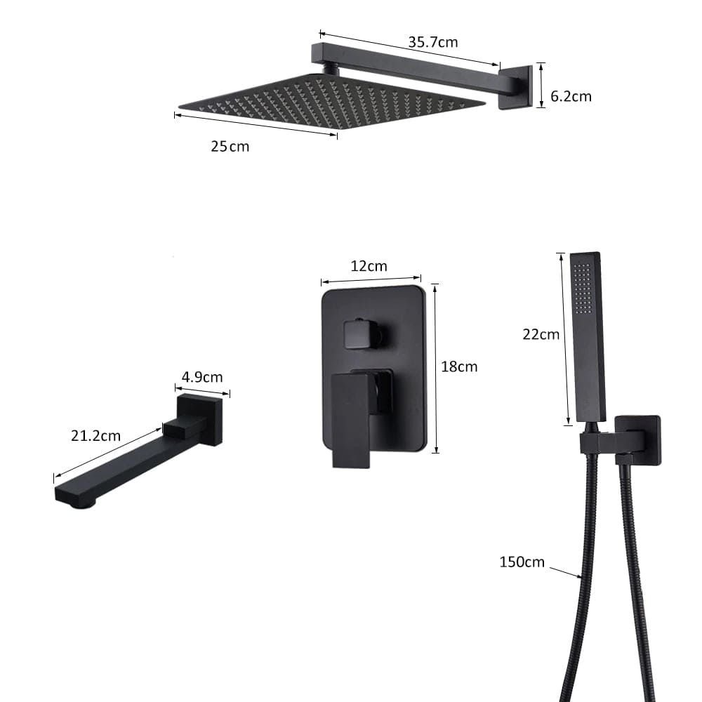Set de dus negru cu para patrata 25 cm, negru mat, 3 functii de curgere a apei