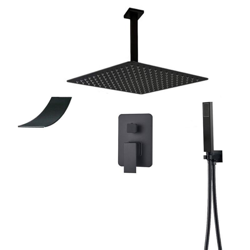 Set de dus negru incastrabil in tavan, cu para patrata 30 cm, 3 functii de curgere a apei