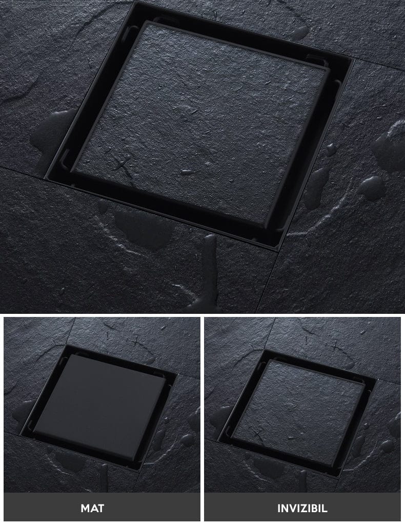 Sifon de pardoseala antimiros, cu iesire verticala, diametru ramă 100 mm, diametru scurgere 38 mm, doua fețe, negru mat sau suport fixare placa gresie